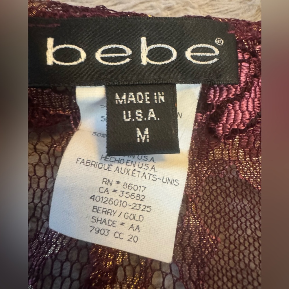 Bebe Y2K Women's Floral Sheer Lace Ruffled Blouse w/ Gold, Wine & Deep Pink Hues - Picture 9 of 16